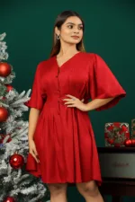 WRINKLE DRESS WITH PUFFY BELL SLEEVES - RED - Image 2