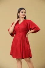 WRINKLE DRESS WITH PUFFY BELL SLEEVES - RED - Image 3
